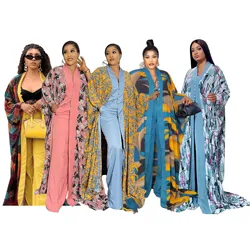 African Dresses Women Digital Printed 2 Piece Set Loose Bat Sleeve Chiffon Robe And Solid Color Knit Wide Leg Pantsuits For Sale