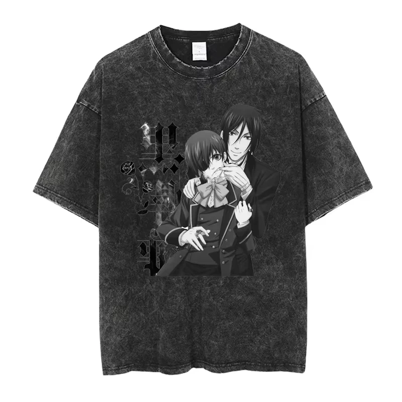 Black Butler Washed T-shirt Oversized Unisex Retro Fashion Fashion Street Casual Tee Classic Loose Streetwear Trendy Cotton soft - view 2