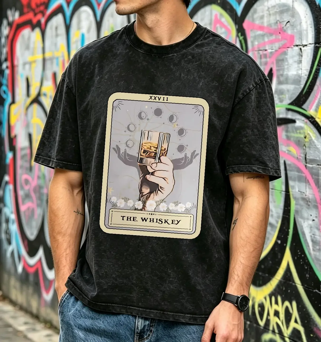 washed T Shirt Whiskey The Tarot Card Lover s Bartender long or short sleeves vintage Washed Versatile Top For Everyday Wear