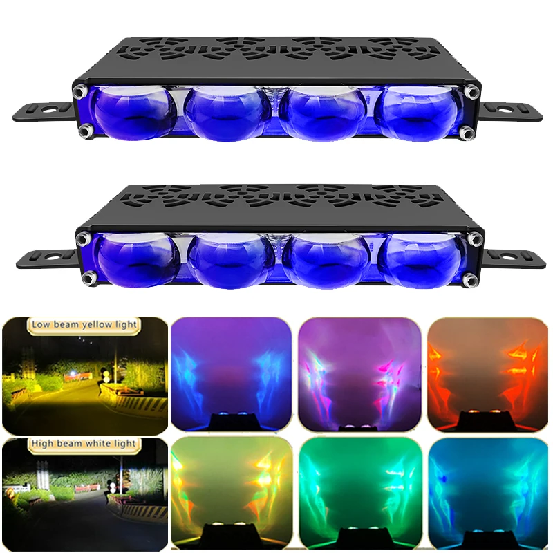 

4-Lens Car Front Grille LED Light Hi-Lo Beam Yellow/White, RGB DRL & Blue Lens Spotlight Fog Lamp for Car Motorcycle 4x4 12V 24V