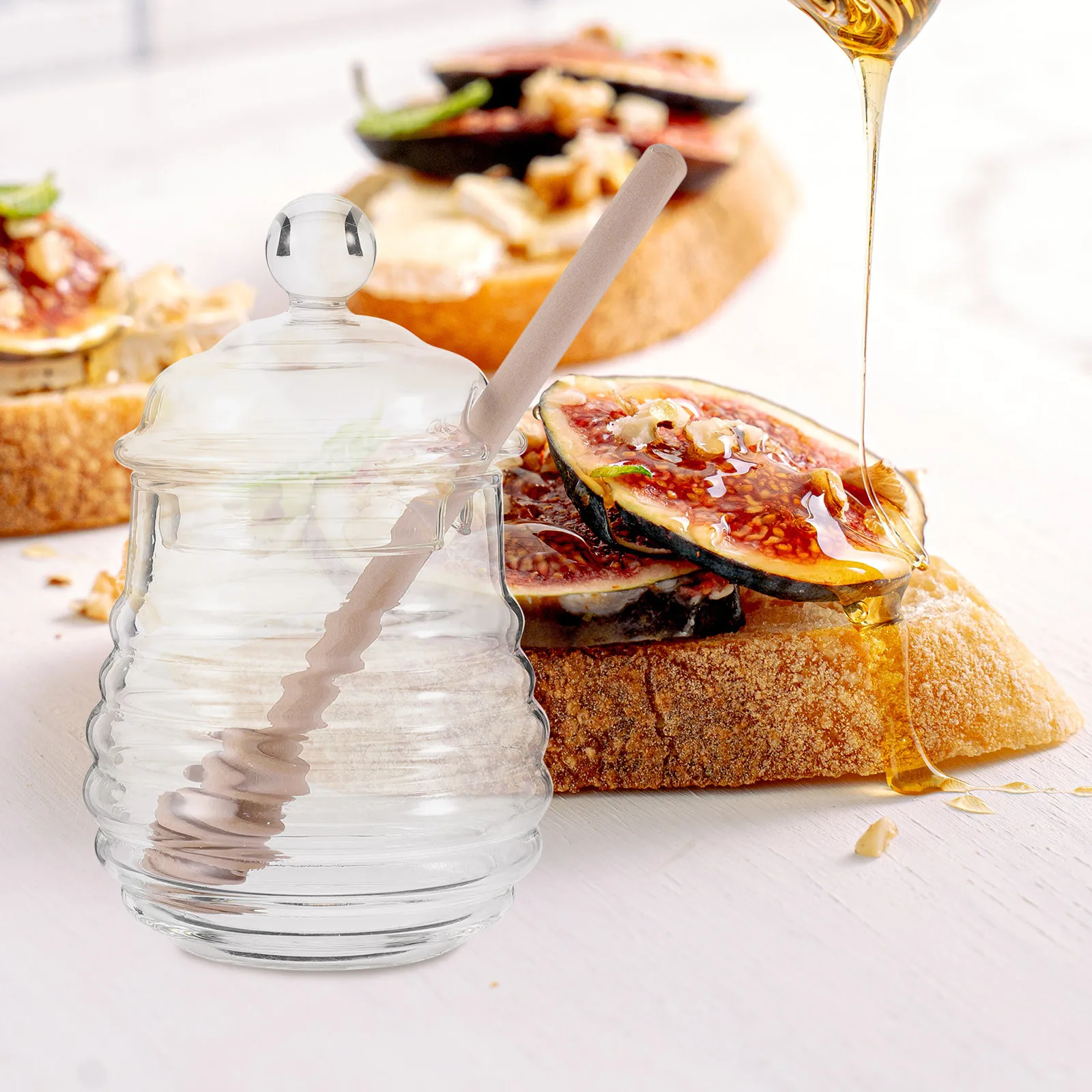 

1Set Honey Container Glass Jar Lidded Honey Pot with Wooden Glass Dipper Household Storage Dispenser for Home Kitchen