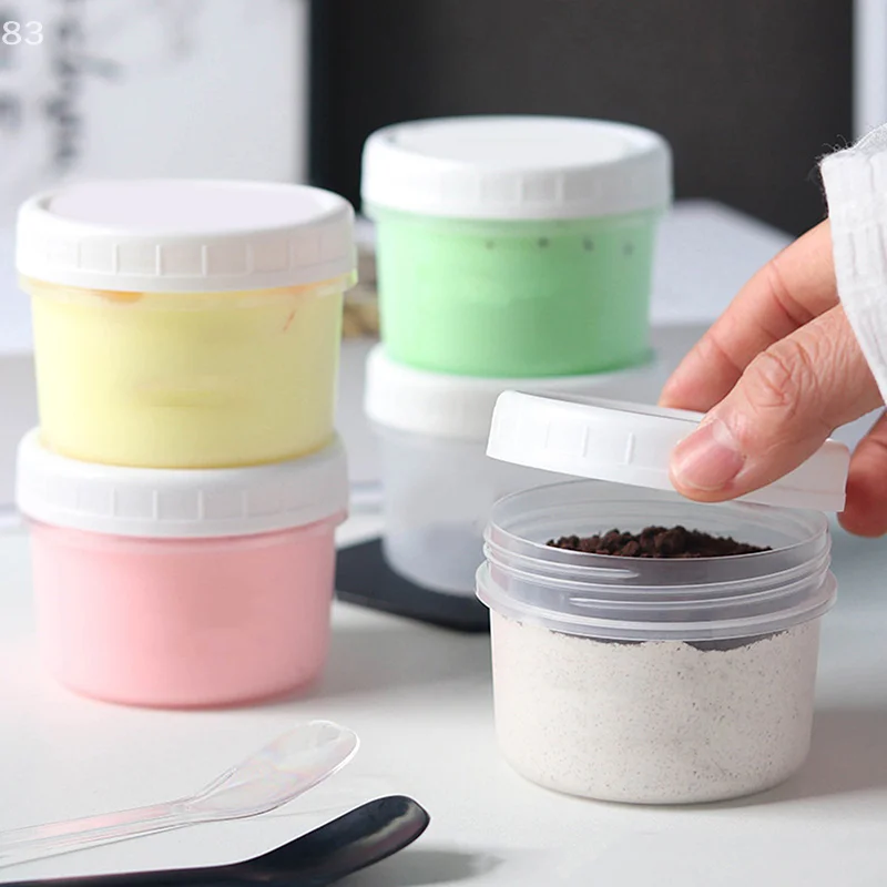 5Pcs Refillable Round Plastic Food Empty Jar With Lids Sealed Fresh Box Portable Ice Cream Yogurt Storage Freezer Containers