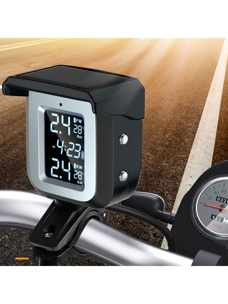 Solar Motorcycle Tire Pressure Detector Wireless Tire Pressure Monitor Monitoring System Waterproof with 2 External Sensors