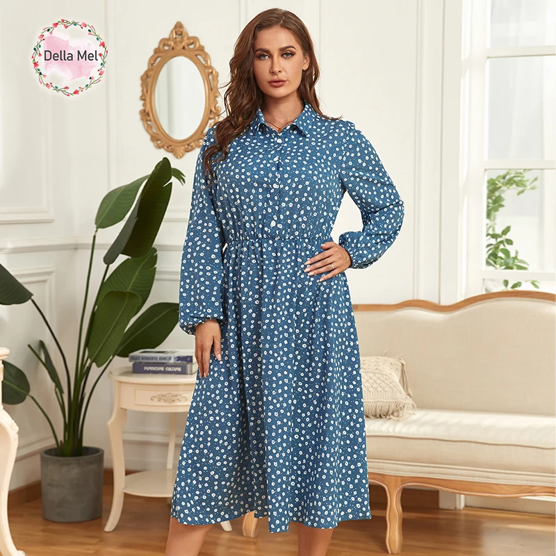 

Della Mel Women's Plus Size Floral Half Button Dresses Casual Elegant Lantern Sleeve Print Large Size Ladies Long Dress 3XL 4XL