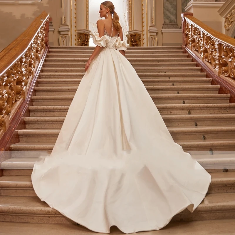 Abiti da sposa classici con fodero staccabile da treno sirena mezze maniche a sbuffo abiti da sposa in raso abito elegante Vestidos De Novia