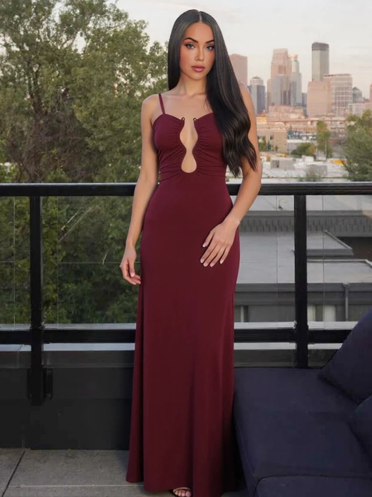 Nibber Metal Decoration Maxi Dress Women u-Neck Folds Backless Sleeveless Solid Elegant Prom Party Fashion Summer Chic Vestidos