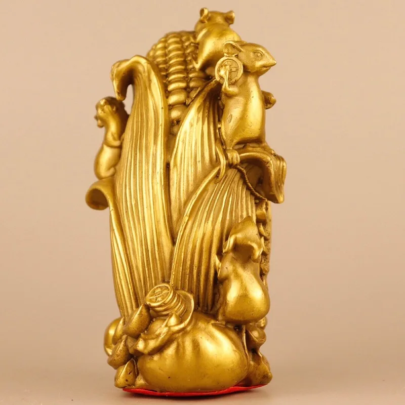 Brass Five-Gem Scholar Figurine with Mouse and Corn Ornament, Bronze Home Bar Counter Office Desk Decoration