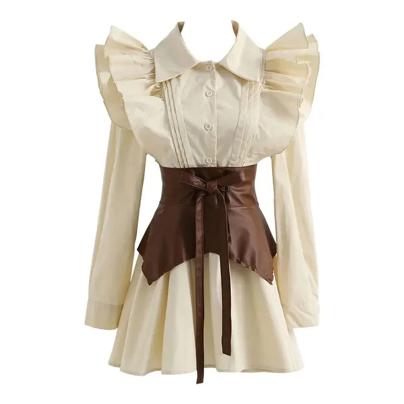 Gaun Kemeja Lengan Panjang Antik Perancis Gaun Pendek A-Line Lengan Puff Musim Semi Wanita Set 2 Potong Mode Pakaian Wanita Dsss