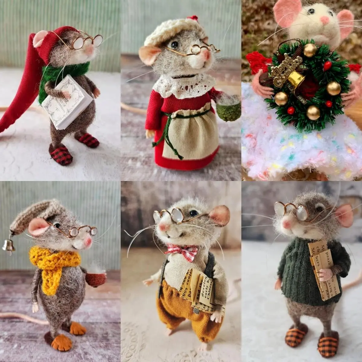 Christmas Needle Felted Mouse Ornaments Cute Cartoon Wool Felted Mouse Handmade Material Package Doll Craft Decorations