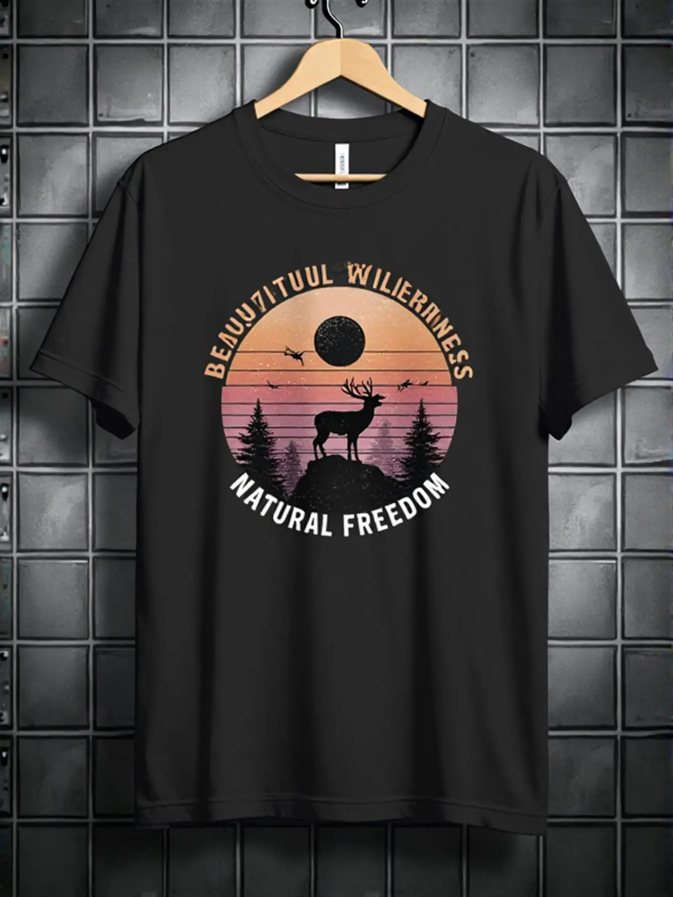 Vintage Men's Black Graphic T-Shirt Deer Pine Tree Sunset Wilderness Natural Freedom Slogan Retro Circle Forest Silhouette Print 100% Cotton Heavyweight Short Sleeve Casual Streetwear Tee