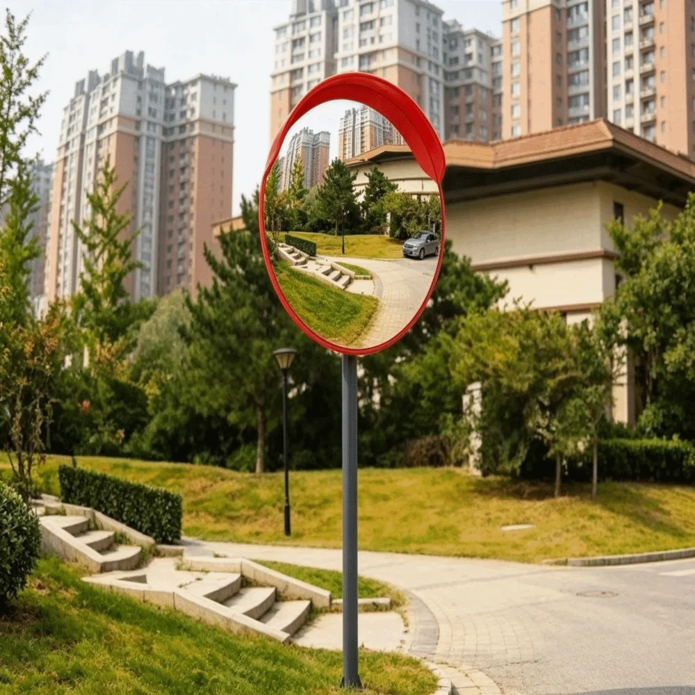 Clear View Round Shape Convex Mirror Pole Mountable Red Driveway Mirror Outdoor Corner Mirror Parking Lot