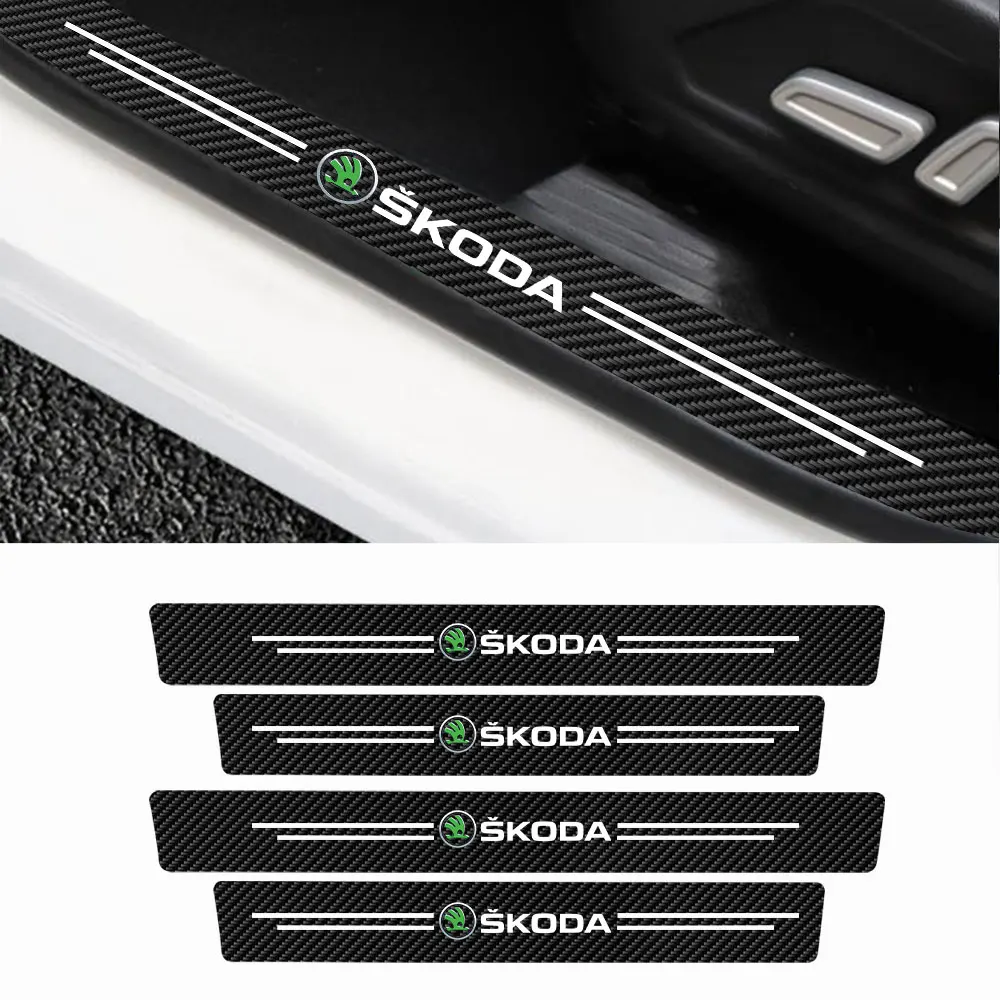 4pcs Leather Car Door Sill Anti-Scratch Protector Sticker For Skoda Octavia Fabia Rapid Superb R Enyaq Kodiaq Kamiq Karoq Scala