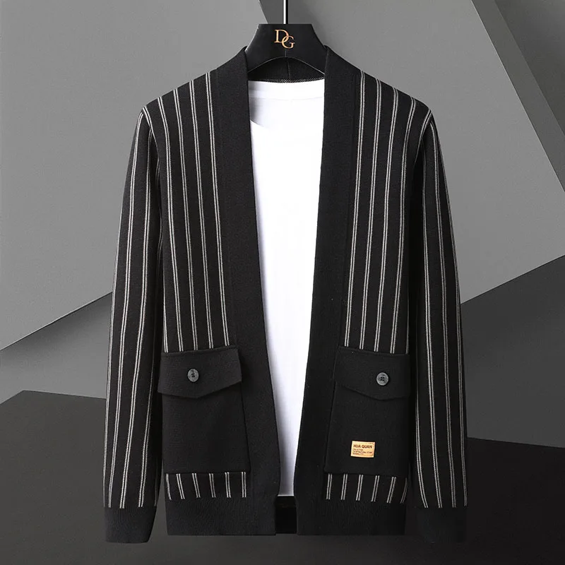 

Mens Autumn Winter England Style Cardigan Sweater Mens Business Casual Slim Stripe V-Neck Sweater Coats High End Knitted Jacket