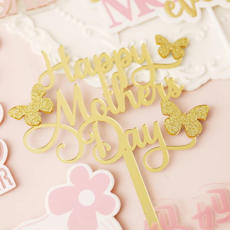 10pc Best Mom Mother\'s Day Party Cake Topper Pink Red Love You Mum Acrylic Cake Topper for Mommy Birthday Party Cake Decor Gift