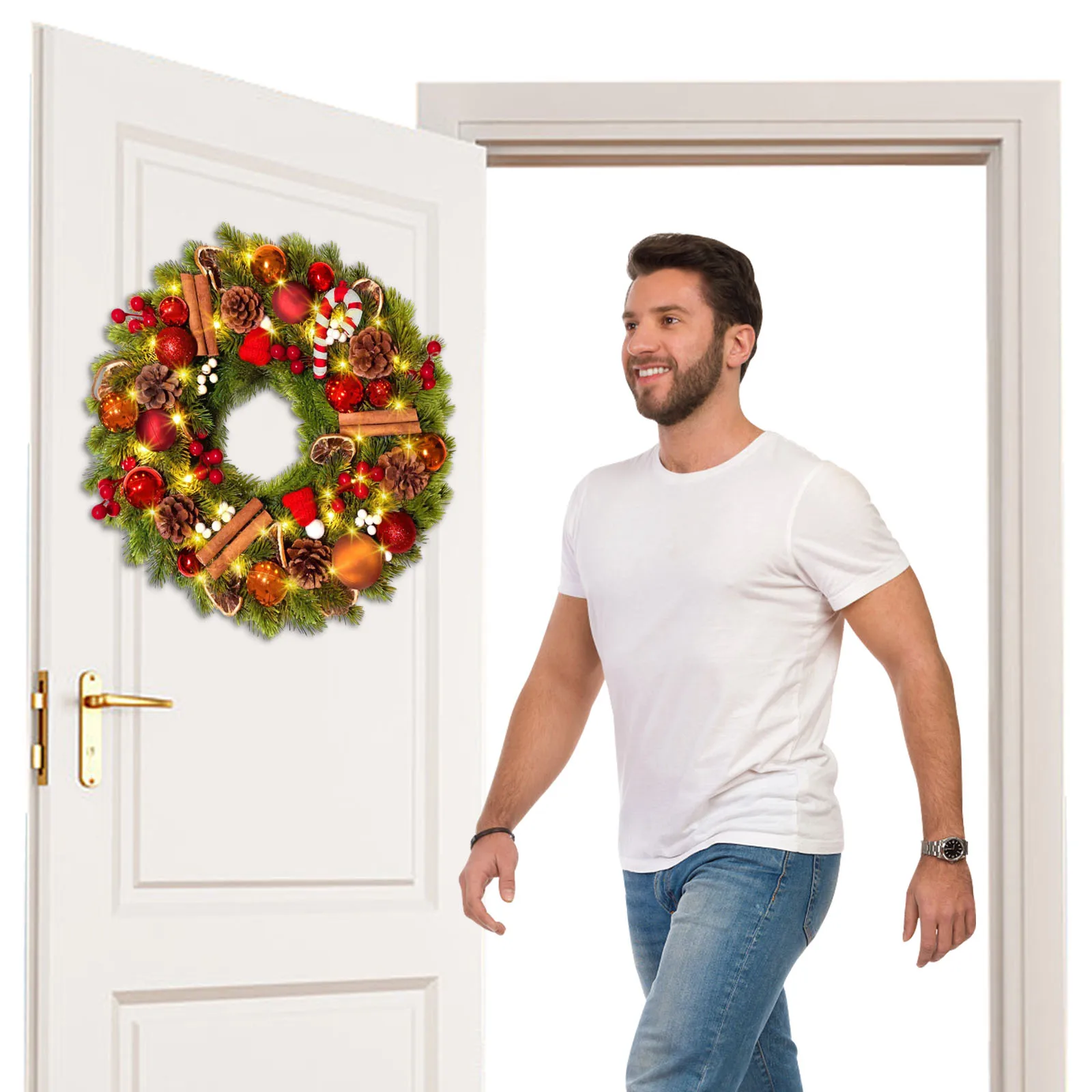 

Светодиодный рождественский венок на дверь, многоразовый, с таймером, гирлянда из сосны для декора торговых центров