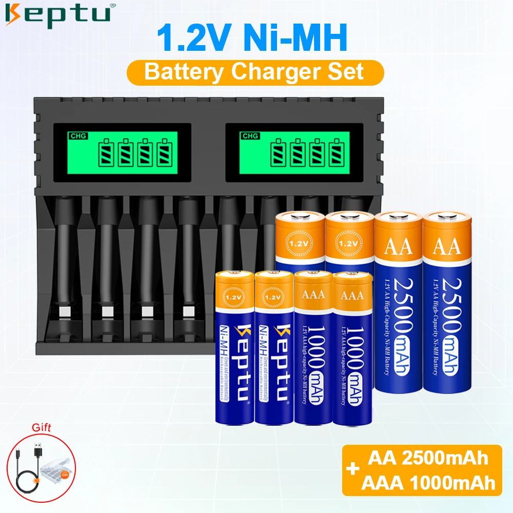 

KEPTU AA Battery 2500mAh+1000mAh AAA Rechargeable Batteries + 8-Slot 1.2V AA/AAA Battery Fast Charger