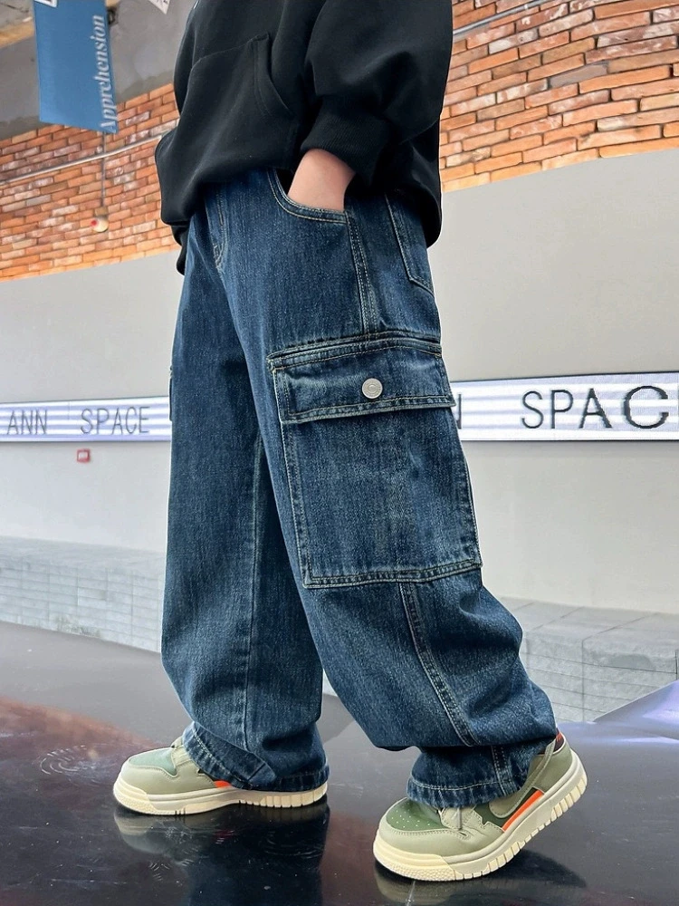 5 6 8 10 12 13 14 Years Boys Denim Wide Leg Pants Spring Autumn Children Trousers New Fashion Teenager Girls Jeans Kids Clothes