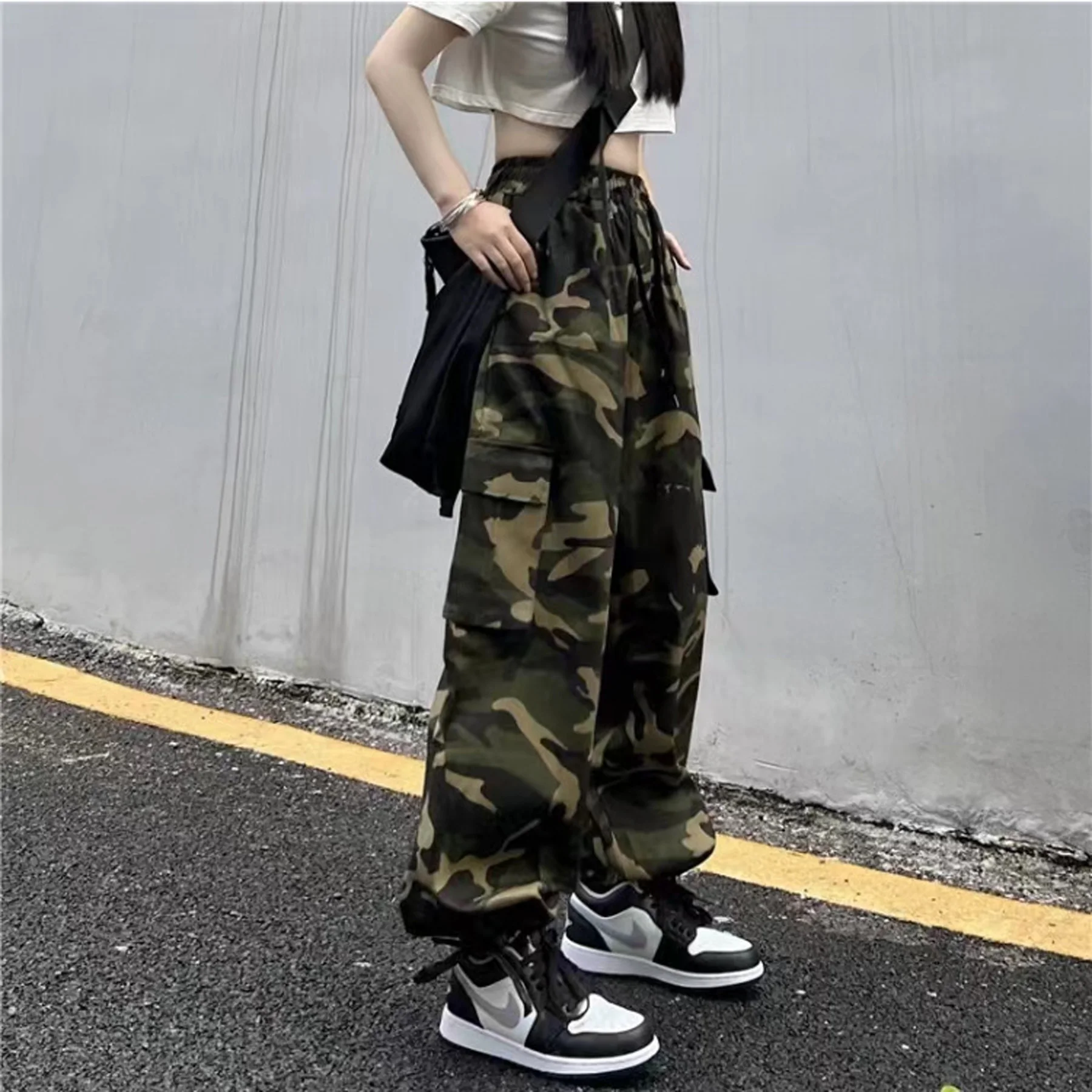 Camouflage Cargo Pants Women Summer Streetwear Loose Wide Leg Trousers Vintage Casual High Waist Drawstring Multi Pocket