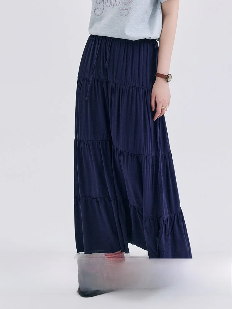 

Deep Blue A-Line Pleated Elastic Waist Half Skirt Women's Summer New Style Drawstring Loose Fit Cake Skirt Commute Korean Style