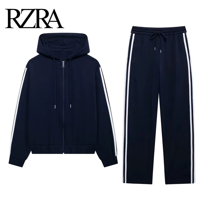 RZRA original 2024 autumn new women\'s clothing hooded casual sports jacket coat side stripes high waist wide leg trousers