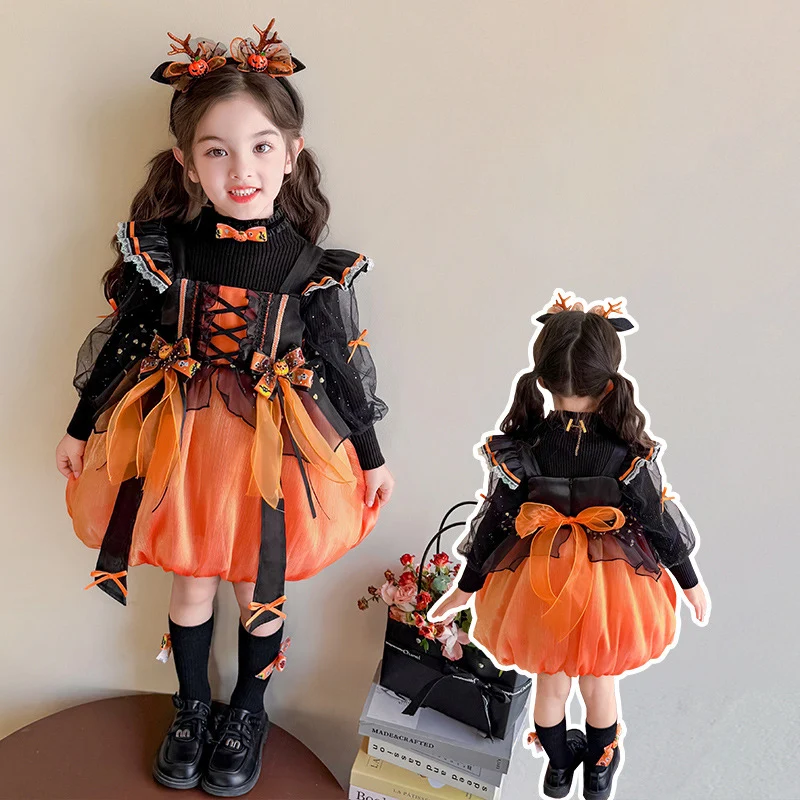 Halloween Glowing Lolita Princess Dress Pumpkin Fluffy Skirt Cute Girl Bow Decoration Ball Gown Layered Dress Kids Costume