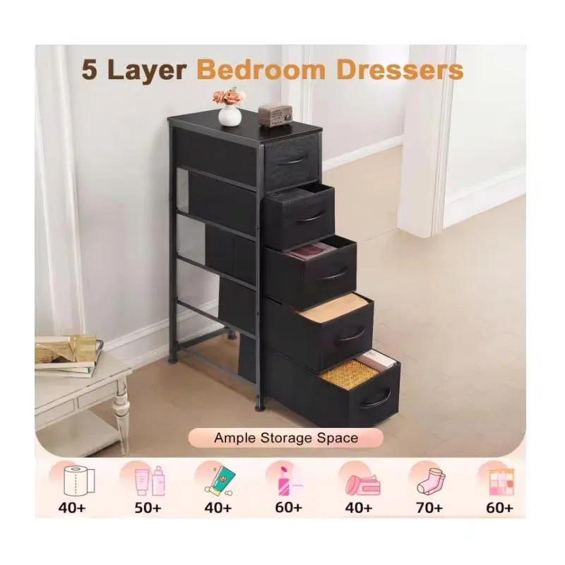 Narrow 5-Drawer Dresser with Storage Cabinet, Slim Rolling Fabric Tower, and Wood Shelf – Stylish Space-Saving Bedroom Organizer