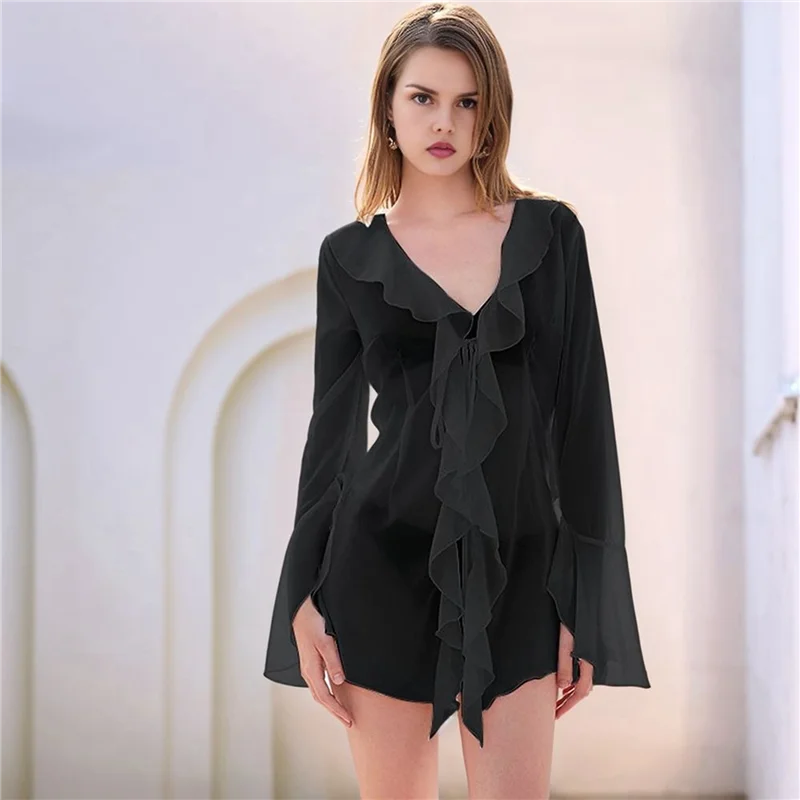 ABRT – Blusa feminina transparente com babados, manga comprida, blusa de malha transparente, camisas túnicas de chiffon fluidas de grandes dimensões