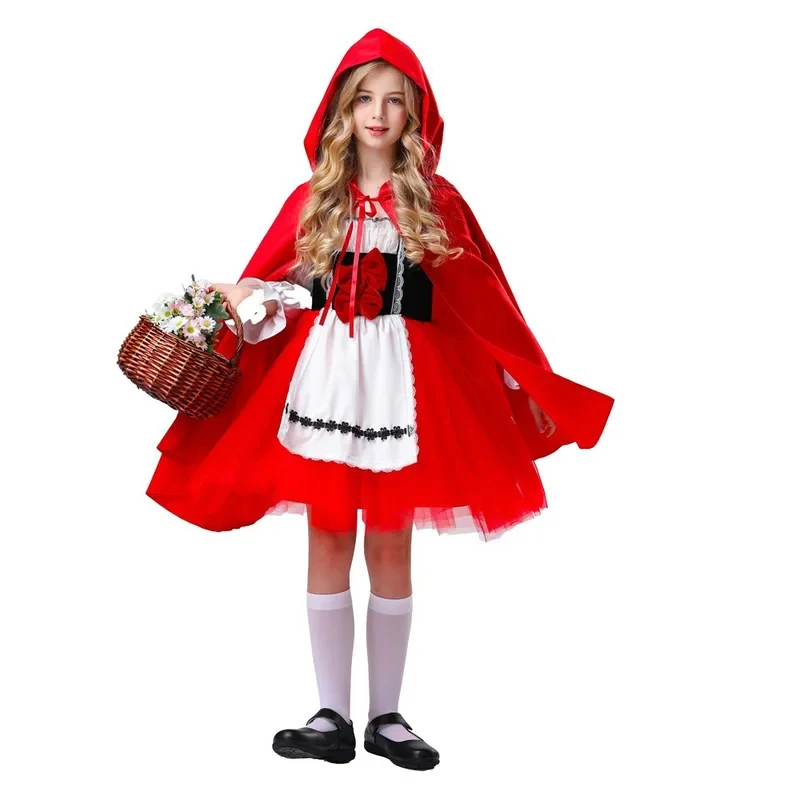 

♫2026❤ New Children's Girl Little Red Riding Hood Costume with Red Cape Fairy Tale Drama Stage Cosplay Dress Short♫