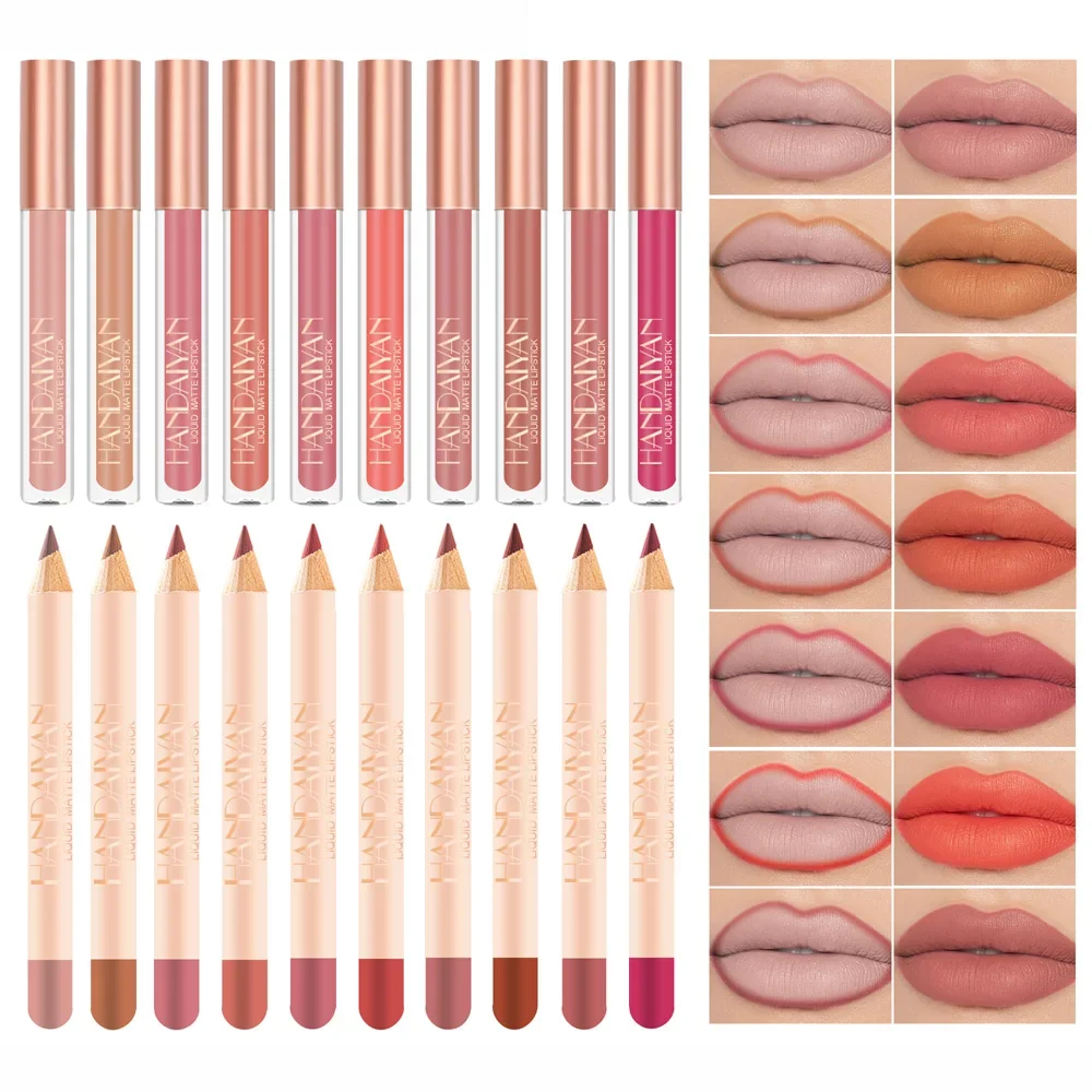 Nieuwe Matte Vloeibare Lippenstift + Lipliner Set Make-Up Nude Fluwelen Lipgloss Waterdichte Langdurige Lipgloss Glazuur Cosmetica Kit