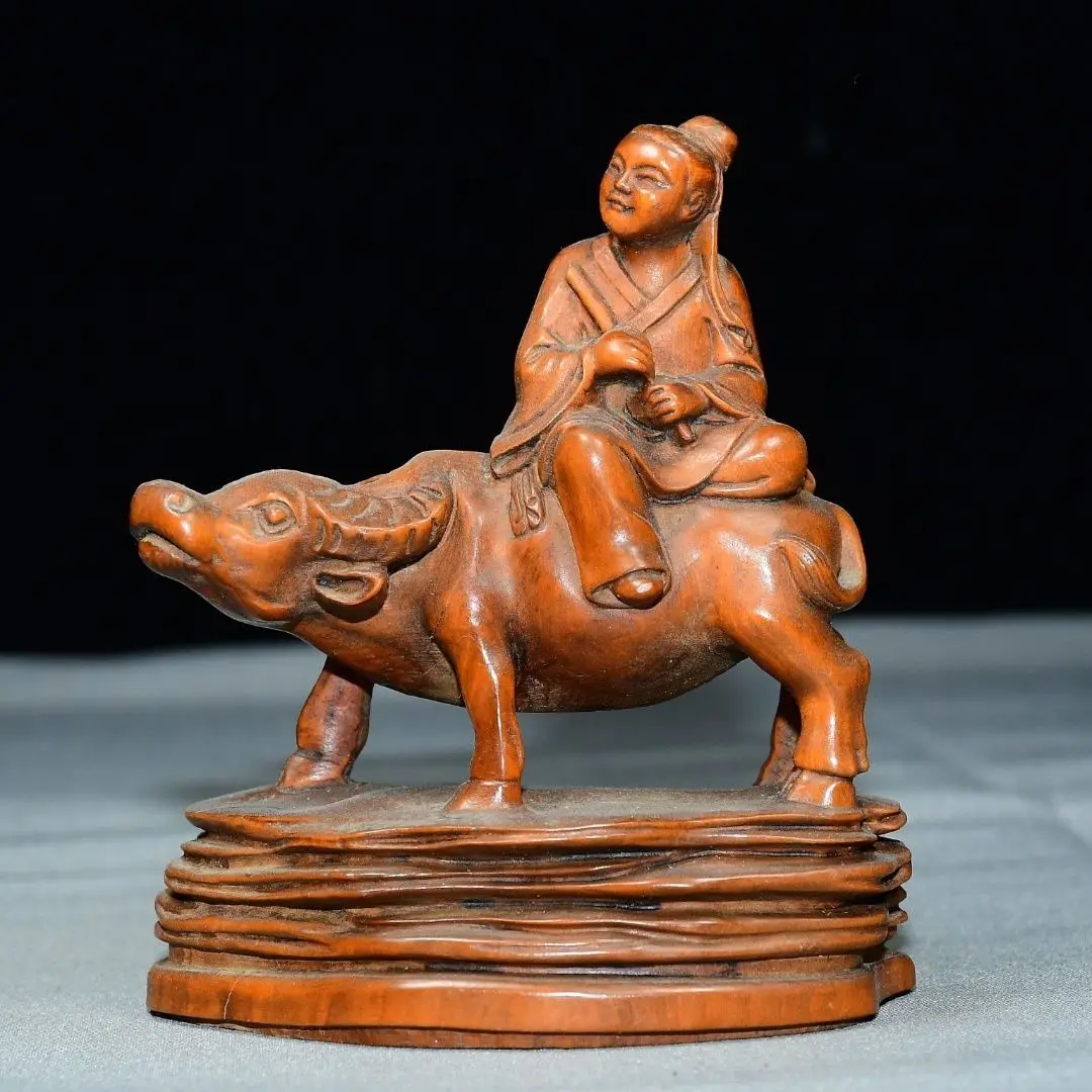 Hand Carved Wood Cowboy on Buffalo Statue Figurine Home Desktop Ornament Craft Gift