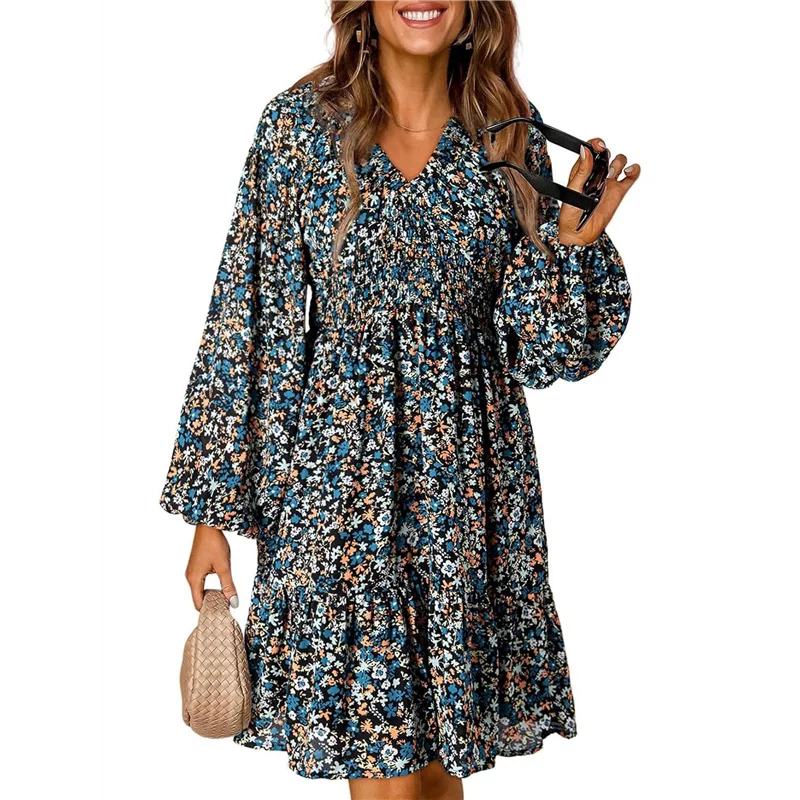 FX-Fall Dresses For Women Boho Floral V Neck Long Sleeve Smocked Elastic Waist Casual A-Line Mini Dress Sundress