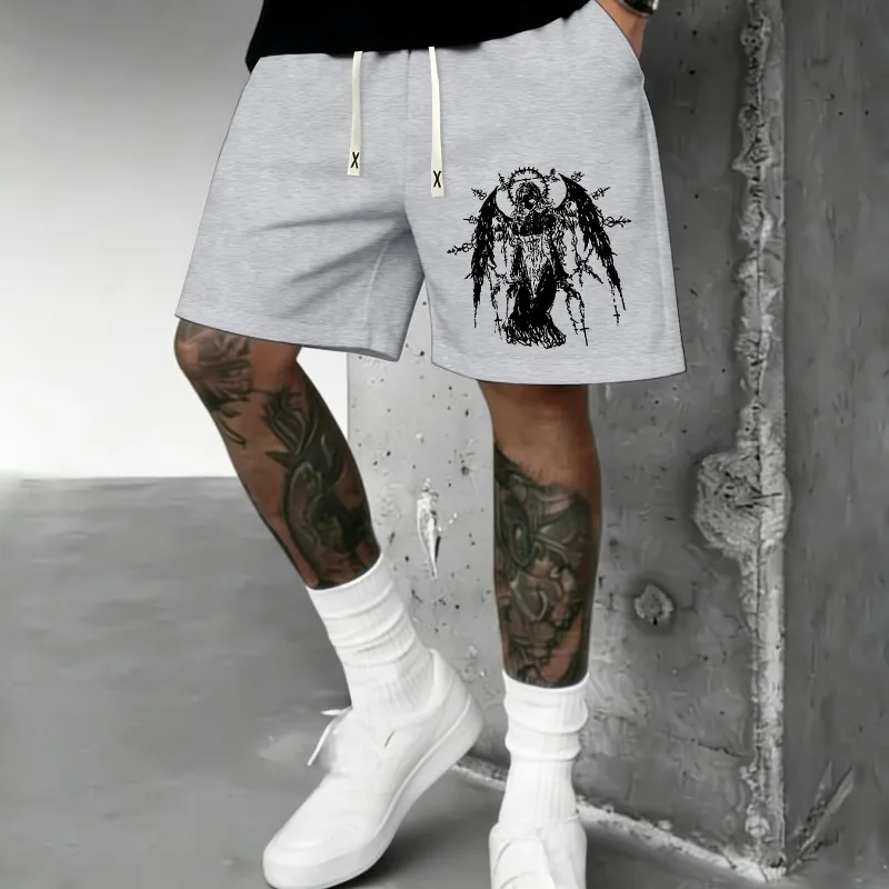 Men's Summer Drawstring Waist Print Shorts Trend Dark Style Print Dark Gothic Retro Punk Men's Casual Shorts Summer New Style