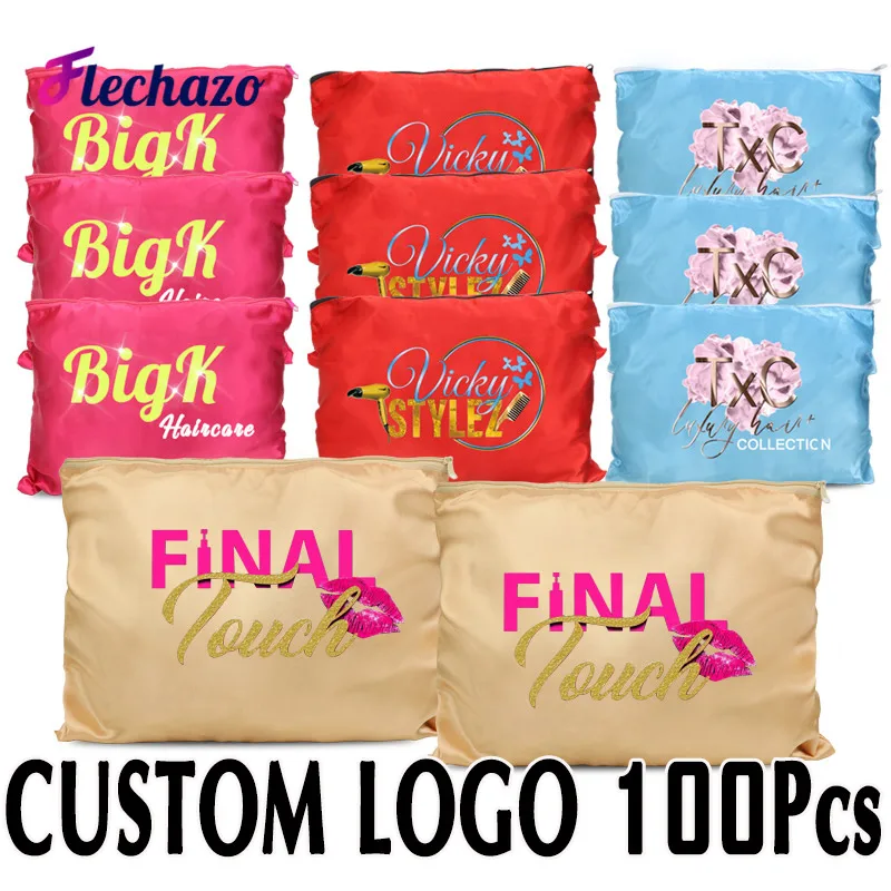 Logo Custom 100Pcs Wig Packaging Satin Bag Wig Storage Bag With Zipper 35Cmx25Cm Big Wig Bag Set Wig Storage For Multiple Wigs