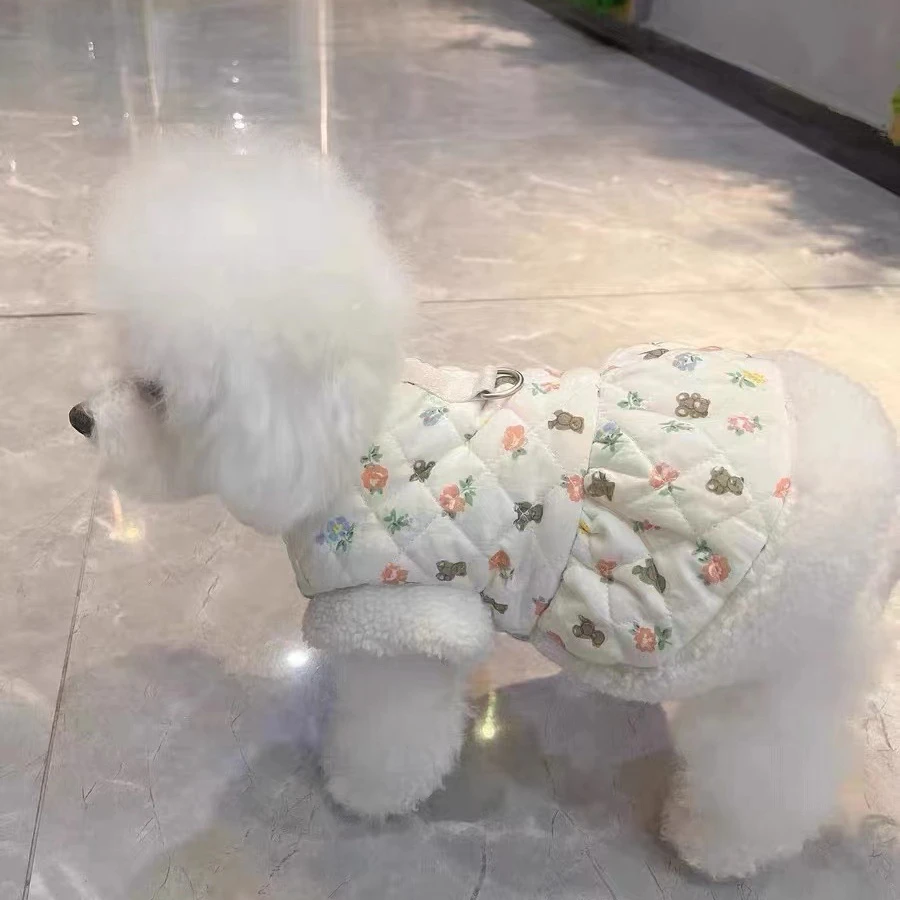 Pet Floral Plush Vest Autumn and Winter New Plush Floral New Year Dress Teddy Bear Dog Cat New Year Traction Vest Puppy Clothes