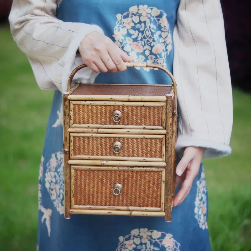 Tea cabinet Bamboo woven mat Portable tea shed with drawers Tea set Wenwan storage cabinet Bogu rack Crafts
