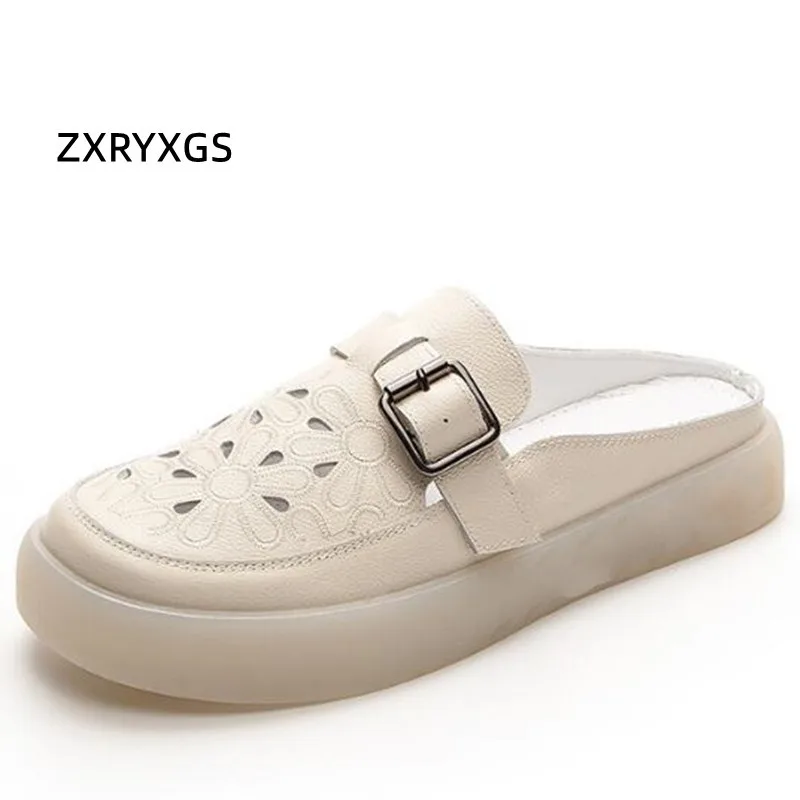 ZXRYXGS Superior Cowhide Hollow Round Toe Women Leather Slippers Outwear Comfort Soft Sole Flat Sandals 2024 New Summer Slippers