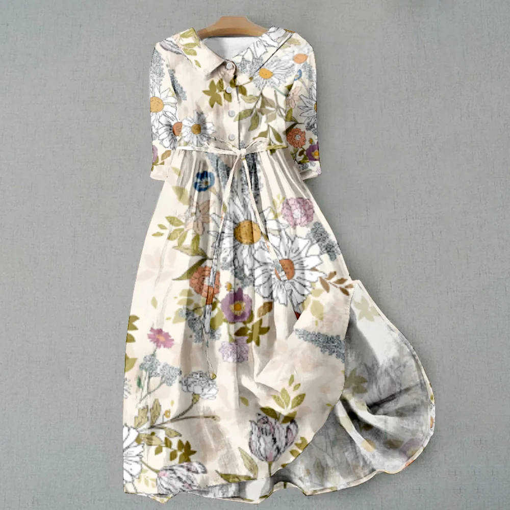 Sukienki New Printed Lapel Tie-dye Traf Pleated Loose Long Female Clothing Fresh Daily Summer Autumn Plus Size Vacation Outfits