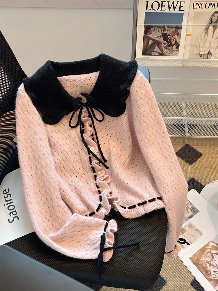 French Elegance Knitted Tops Women Long Sleeve Peter pan Collar Slim Sweater Autumn Winter Solid Lace Up Design Cardigan Trend