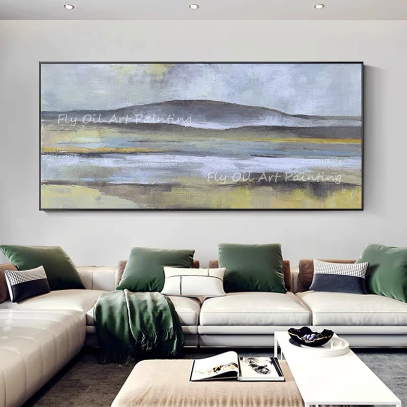 

100% Hand Painted gold foil mountain landscape picture artwork thick grey canvas Oil Painting Canvas for Home Decoration