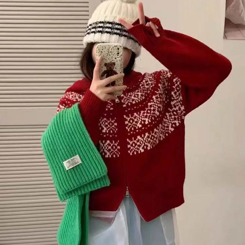 Veste pull à capuche jacquard de style doux français pour femme, cardigan tricoté ample de couleur contrastée, rouge, automne et hiver, 12