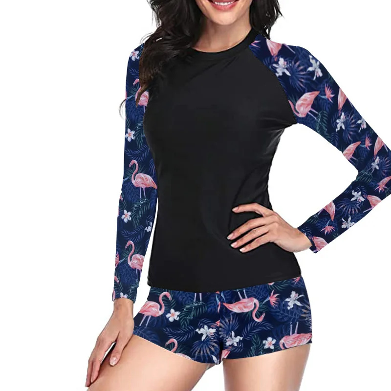 Women Two Pieces Vintage Print Rash Guard Swimwear Long Sleeve Shirt Shorts Surf Top Retro Print Running Shirt Split Swimsuit