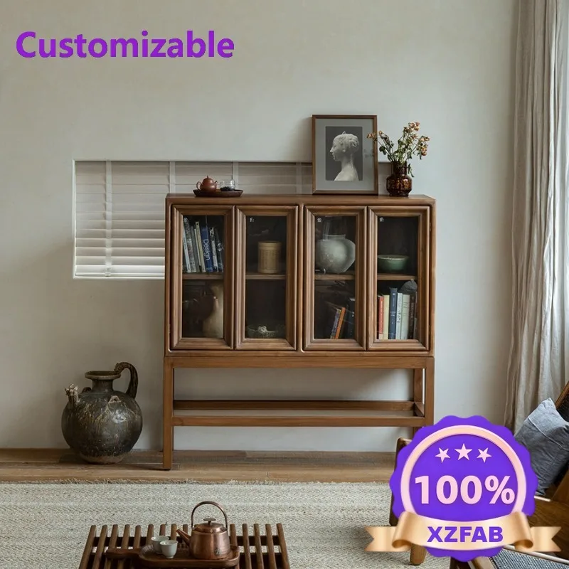 Factory Direct 2026 Retro style living room dining side cabinet, teak glass bookcase, solid wood display storage locker