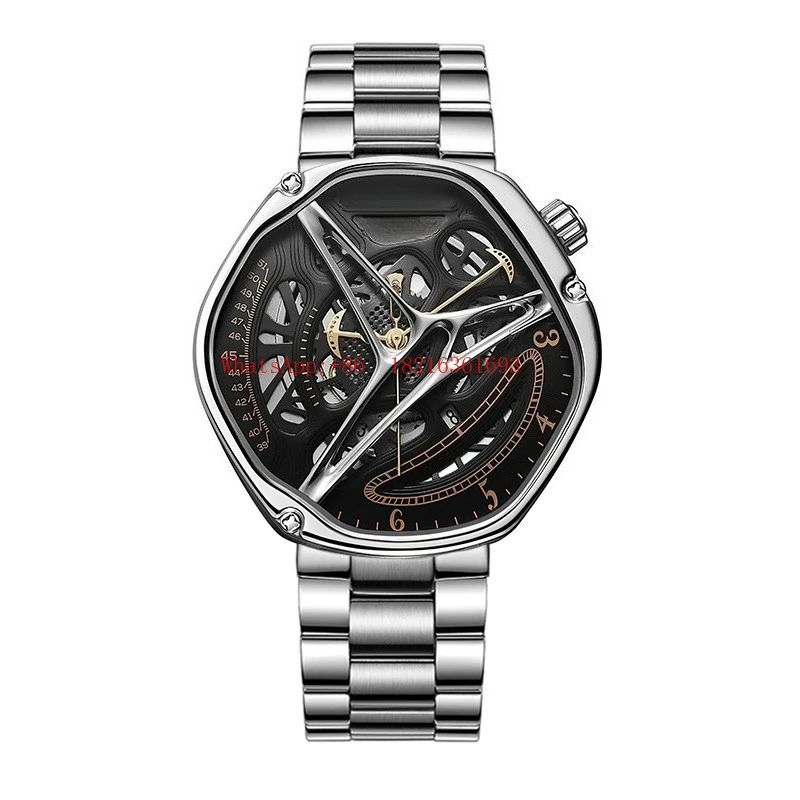 Men's High-end Hexagonal Mechanical Watch, Fully Automatic Hollow Design Watch