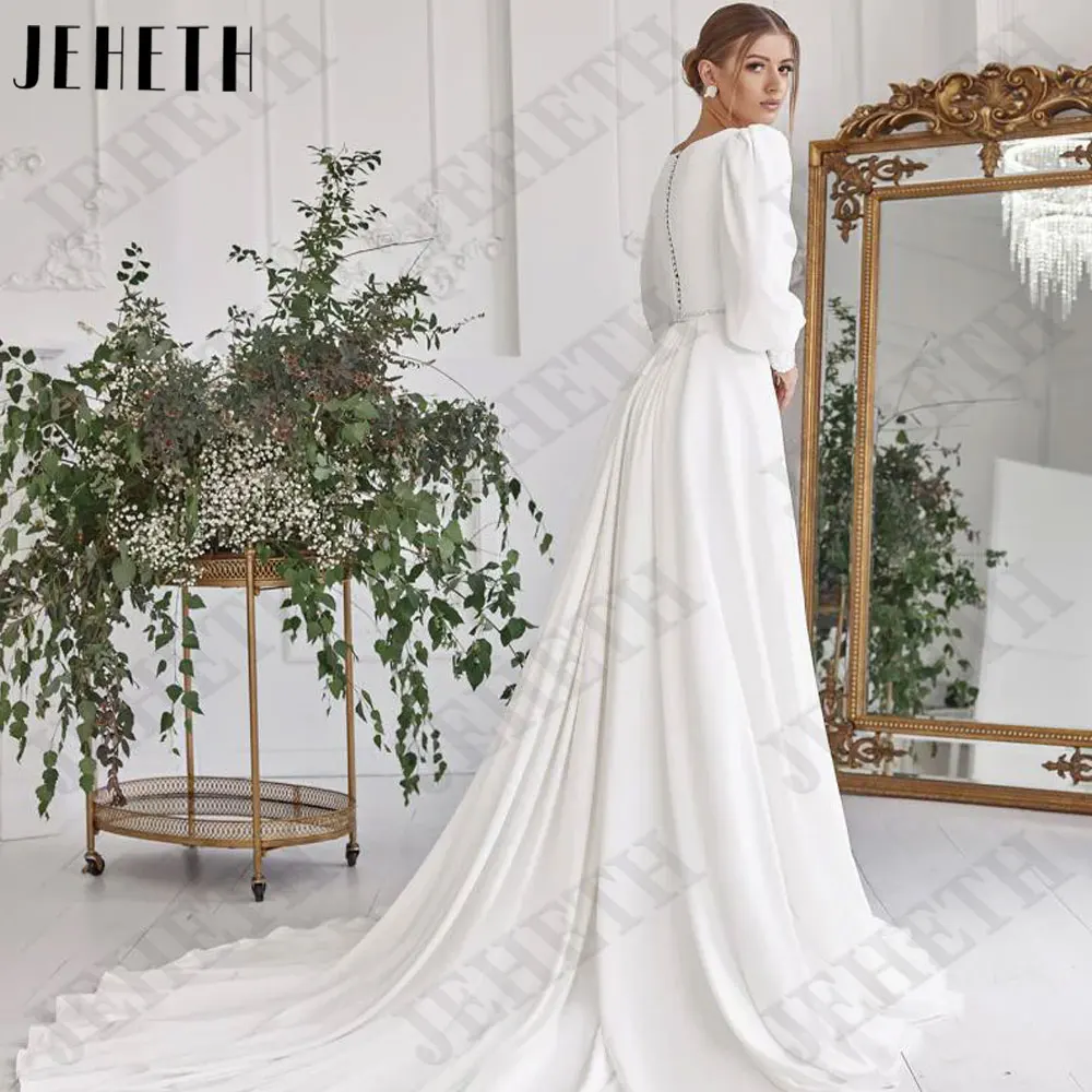 JEHETH Sequined Chiffon A-Line Wedding Dresses Full Puff Sleeves Bride Gowns V-Neck Back Buttons Side Split robe de mariée 2024