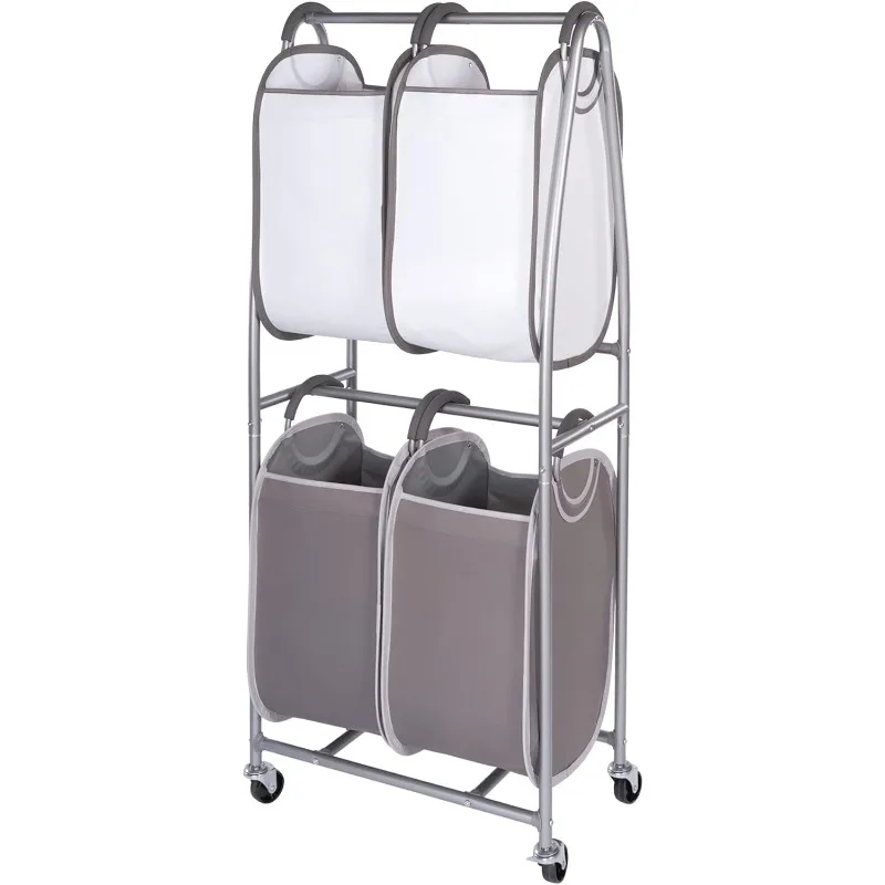 2 Tier Vertical Rolling Laundry Cart - Rolling Storage Cart On Wheels With 4 x Tote Hampers For Laundry, Towels, Blankets