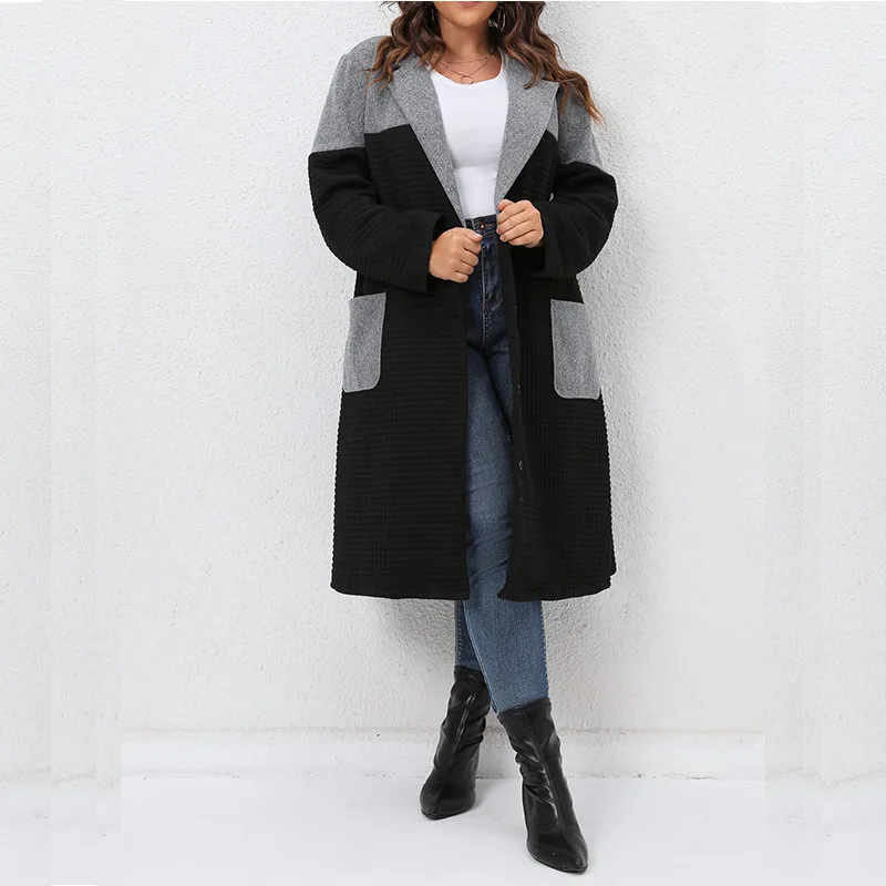 Women Color Collision Cardigan Jacket Fashion Casual Long Jacket Fall Winter Plus Size Female Clothing Lapel Pocket Elegant Coat