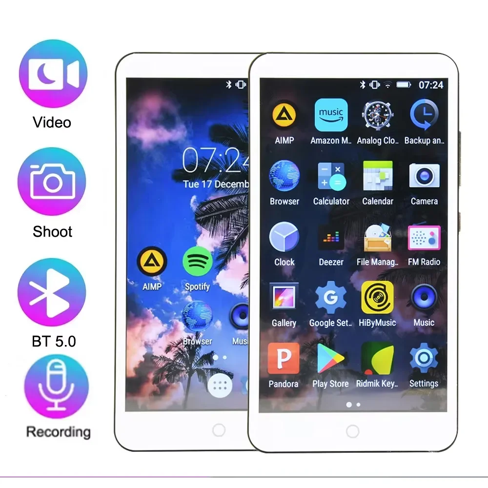 Lettore MP3 a schermo intero da 5,0 pollici Lettore musicale Bluetooth Altoparlante incorporato 8 GB MP3 Riproduzione video MP4 Fotocamera Registratore FM/E-book