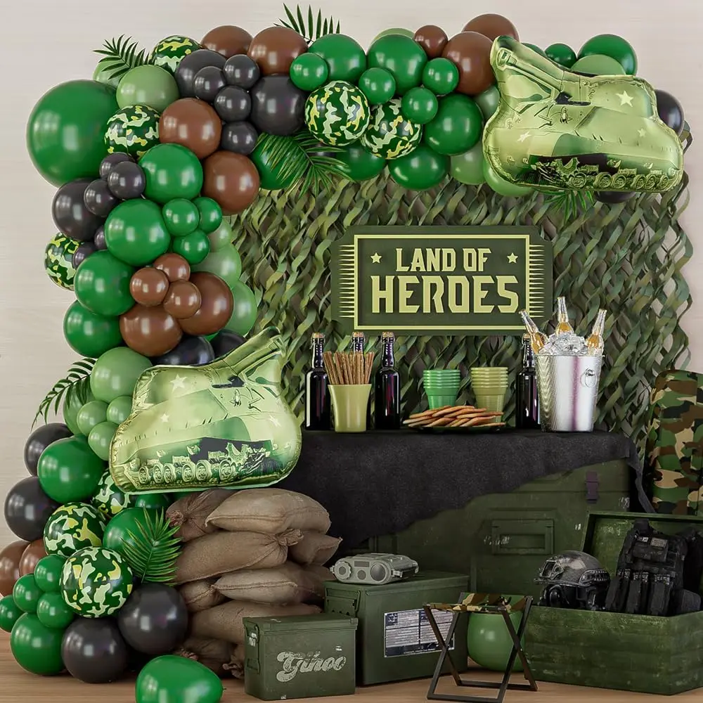 135pcs Tank Camouflage Balloon Arch Garland Green Tank Foil Globos Call of Duty Hunting Soldier Army Birthday Camo Party Decor