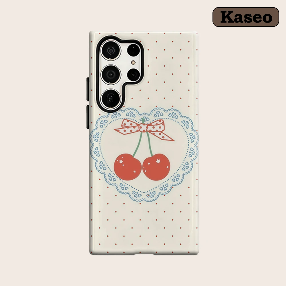 Kaseo Phone Case for Samsung Galaxy S26 S25 Ultra S24 S23 Ultra Plus Shockproof Double Layer Lace Trimmed Cherry Cover