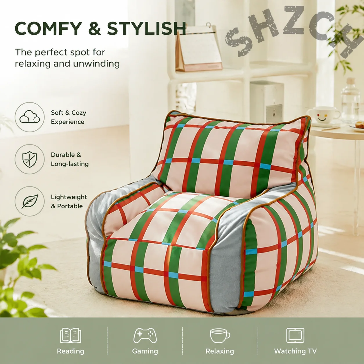 Retro Plaid Single Bean Bag Chair – EPP Bead-Filled, Lightweight Lazy Sofa for Living Room or Tatami Space